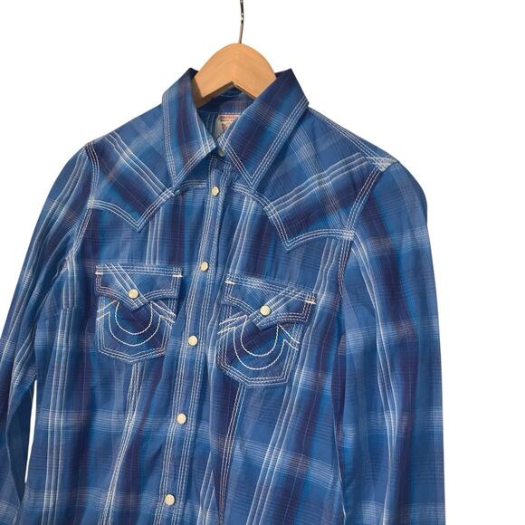 True Religion Top Womens XS Blue Plaid Pearl Snap Yoked Western Rodeo Riding - Picture 7 of 16